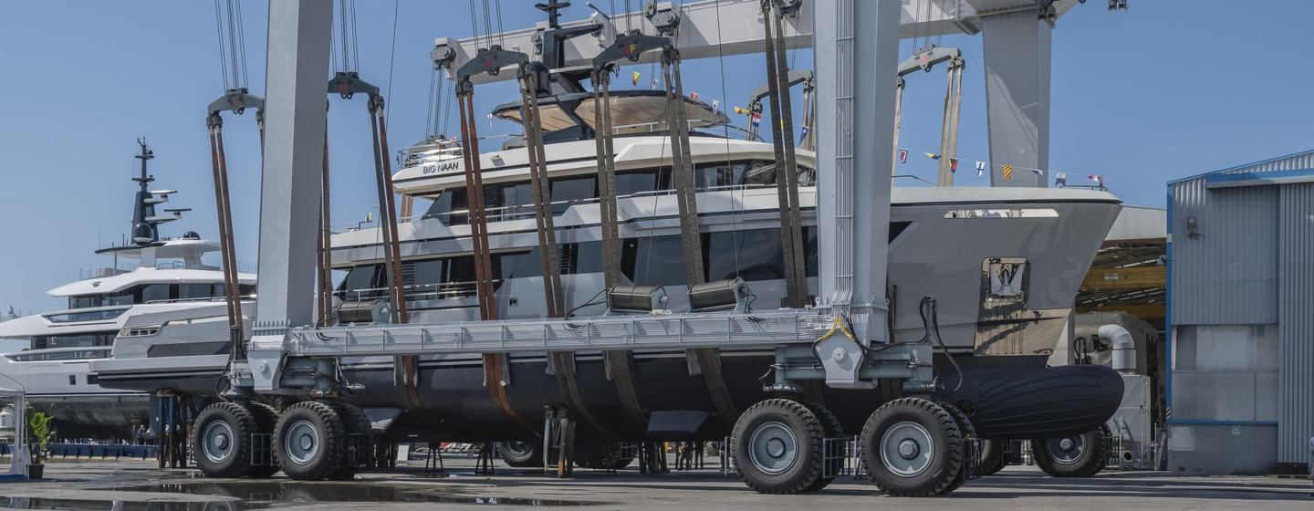 Superyacht Big Naan on trolley during launch
