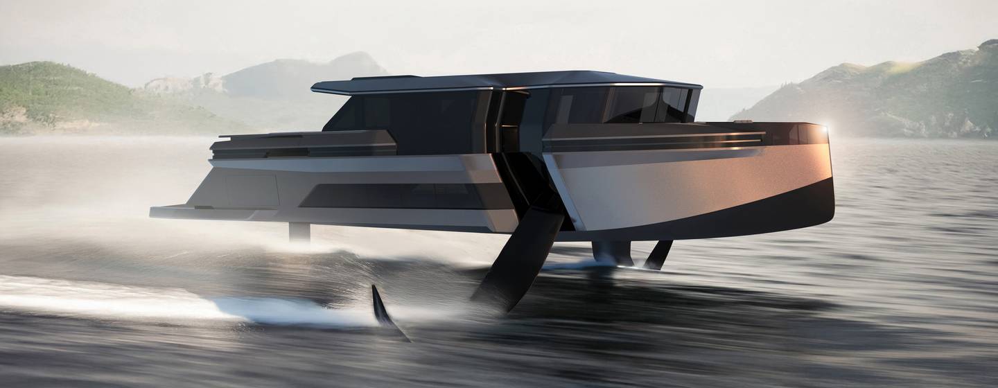 Rendering of foiler yacht Ghost under way 