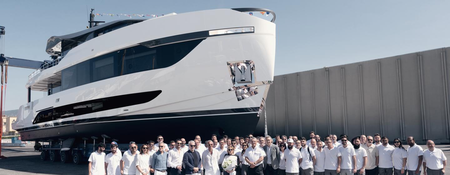 Arcadia team in front of Fourth Arcadia A96new Superyacht during launch ceremony