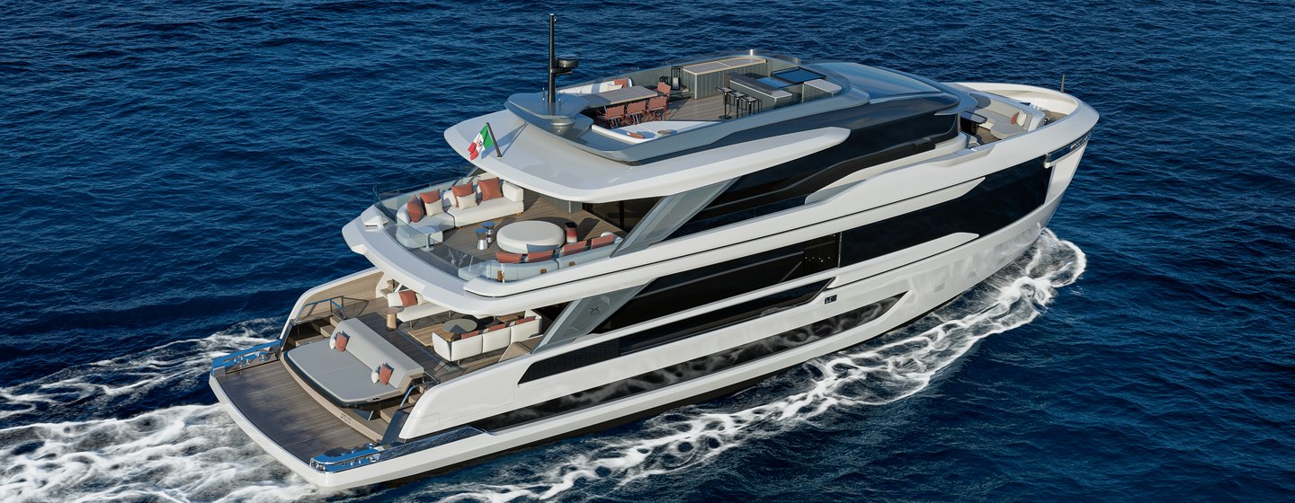 Rendering of Extra Yachts X100 Triplex motor yacht under way 