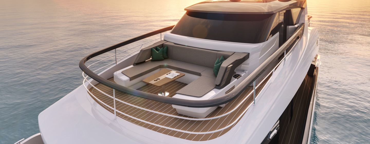 Sunseeker Ocean 156 forward bow seating area, approaching sunset