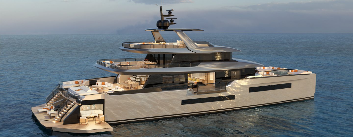 CGI of ISA Yachts Zeffiro 130 catamaran