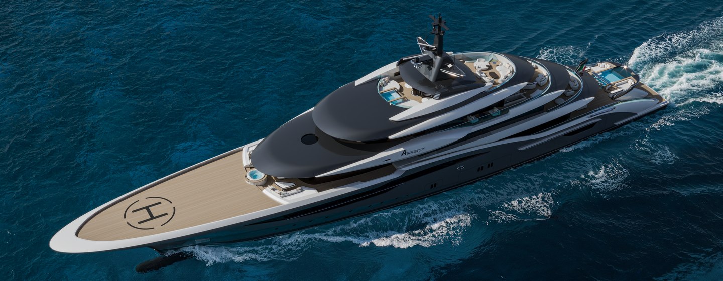 Rendering of ISA Amarcord 86 superyacht under way