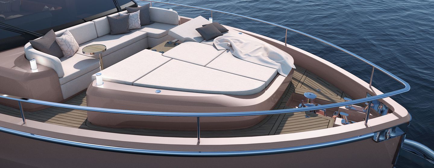 Sessantadue 62 Cranchi  render image of bow guest seating and sunpad area of starboard bow