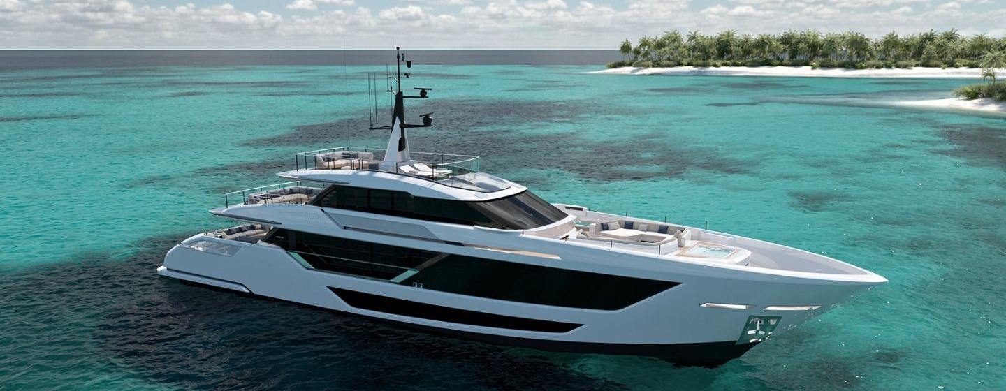 Rendering of Custom Line Saetta 128' motor yacht at anchor