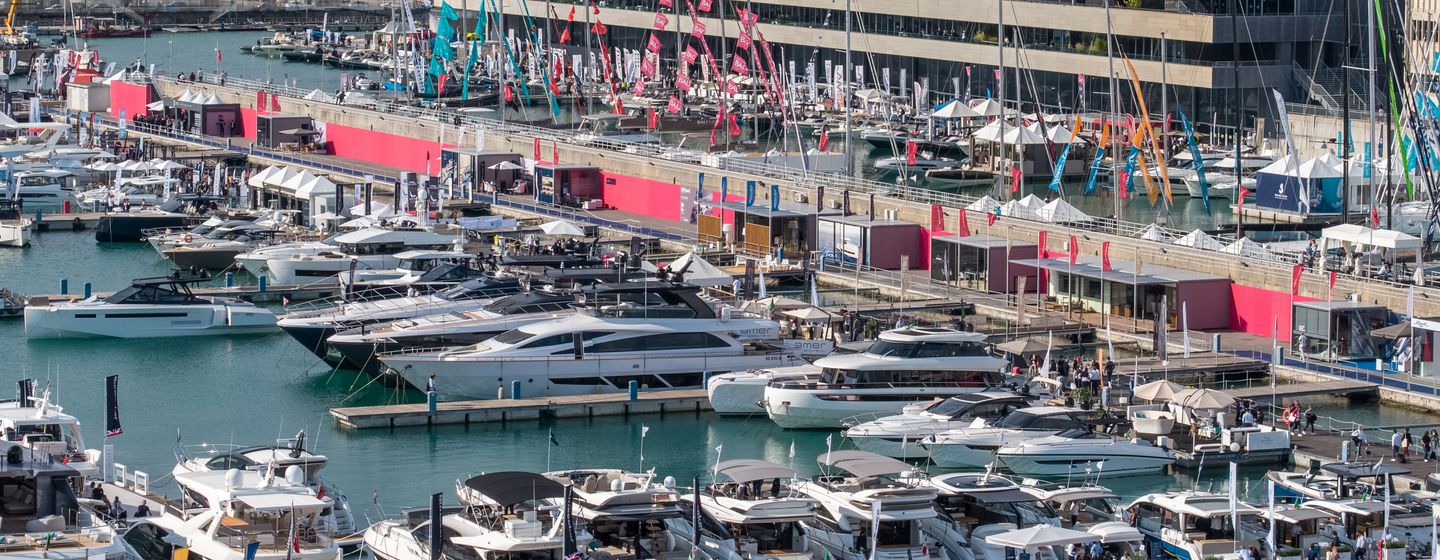 Boats in docks at Genoa International Boat Show