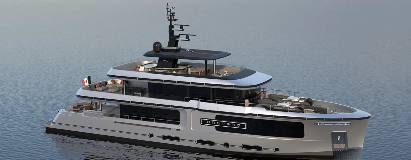 Rendering of Hydro Tec Vagrant explorer yacht at anchor 
