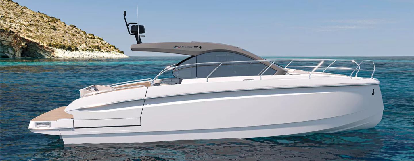 Rendering of Beneteau Gran Turismo 40 motor yacht at anchor 