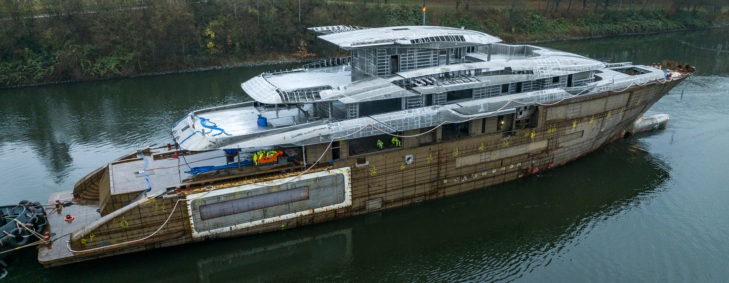 Abeking 6516 superyacht under construction on the Kiel Canal