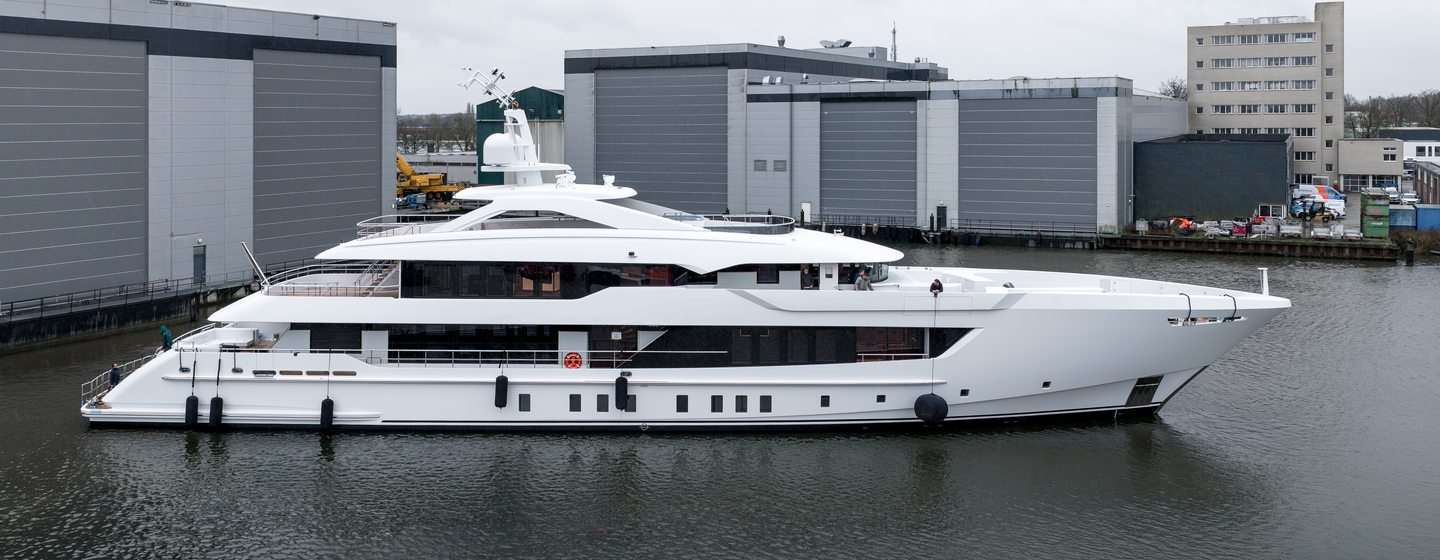 Heesen 55m Steel Superyacht Frida at anchor outside Heesen shipyard 