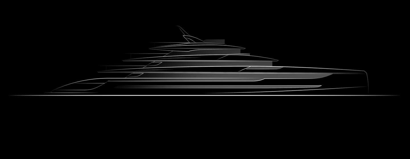 Sketch of 72m Custom Tankoa T720 Fenice Superyacht silhouette in black and white 