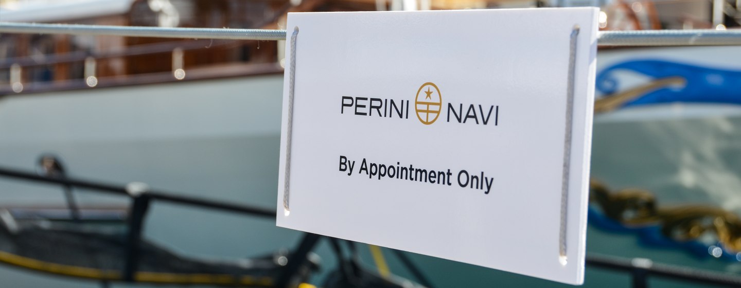 Perini Navi logo and wording on display at yacht show