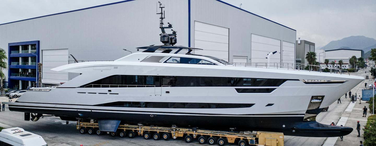 Superyacht Ximena on trolley on way to launch