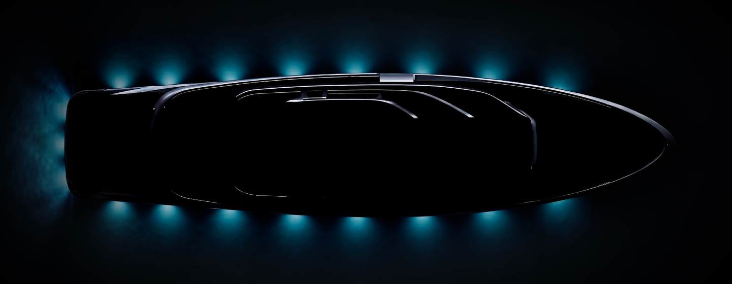 Sketch of Arcadia A125 superyacht in dark with underwater LEDS