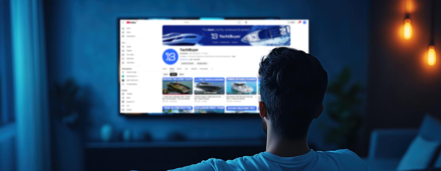 Man watching YachtBuyer Youtube videos on his TV at home