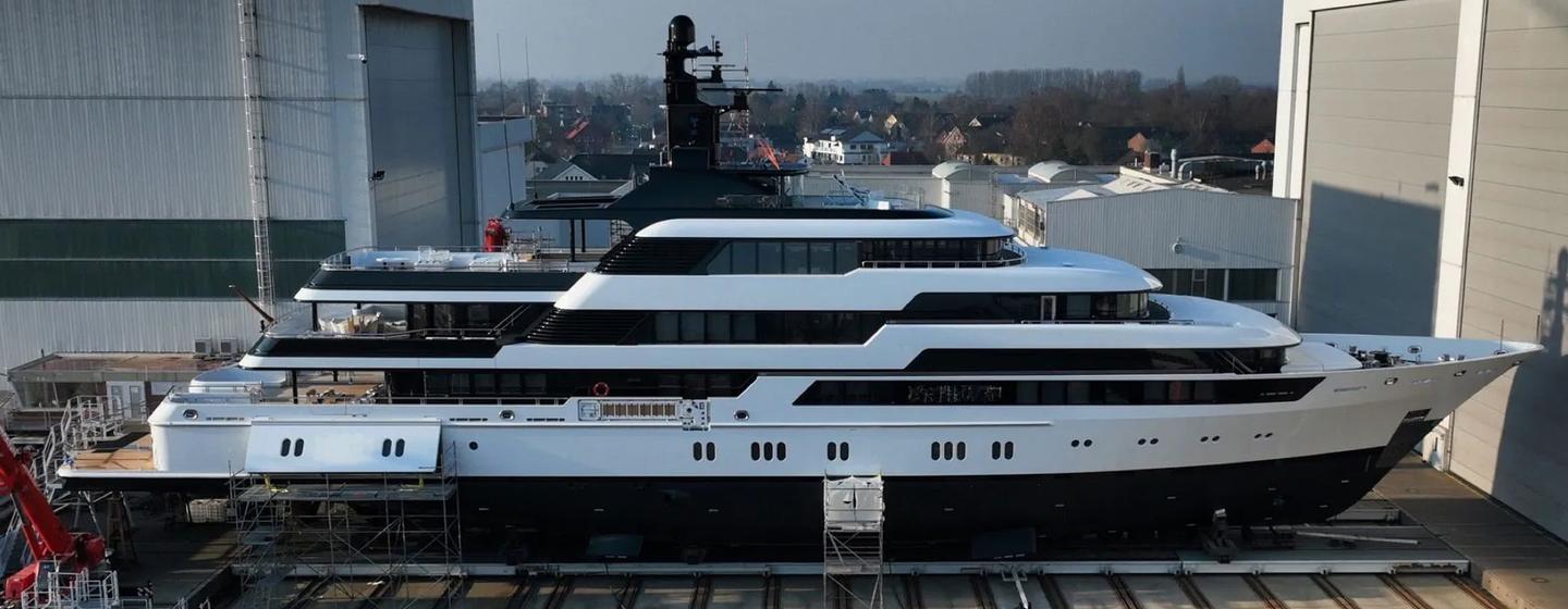 Lurssen Superyacht Starfire outside Abeking & Rasmussen Shed in Germany