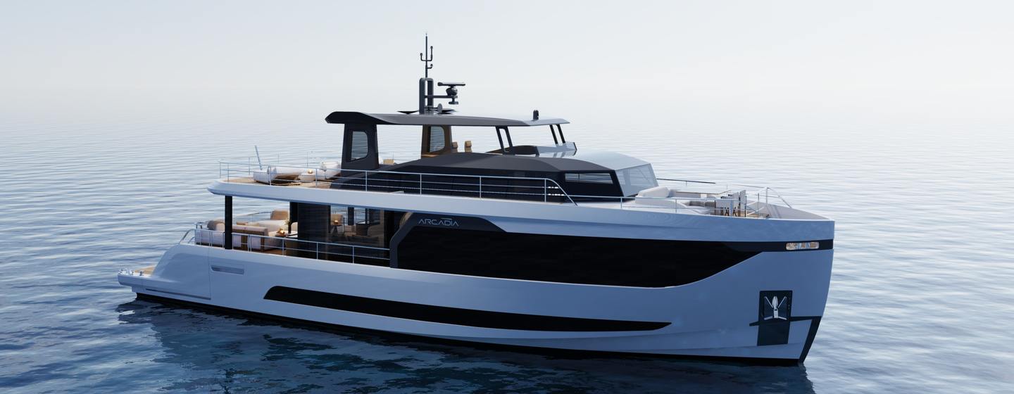 Rendering of Arcadia A80 motor yacht at anchor 