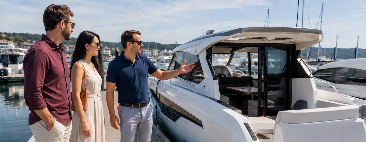 Buyers and broker at a marina with yacht 