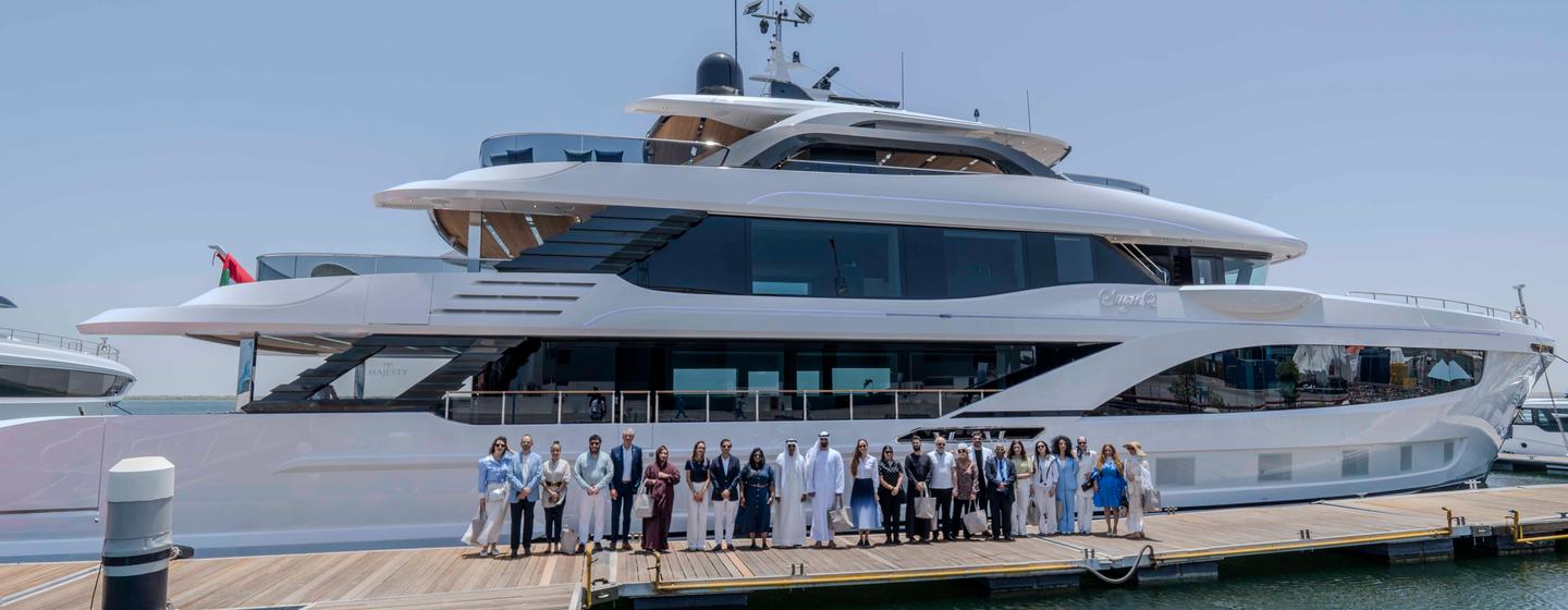 Gulf Craft team and visitors in front of first Gulf Craft Majesty 145 Superyacht
