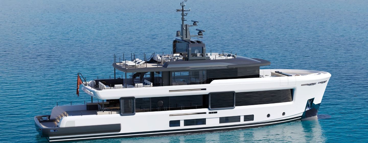 Rendering of Explorer Yacht Amiga at anchor 