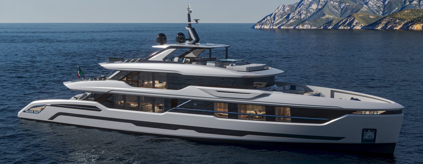 Rendering of Baglietto DOM155 superyacht under way 