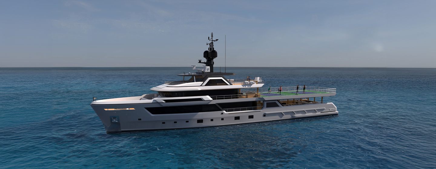 The Flexplorer 165 pictured at anchor in a calm, blue sea, sports a rugged, explorer-like exterior, 