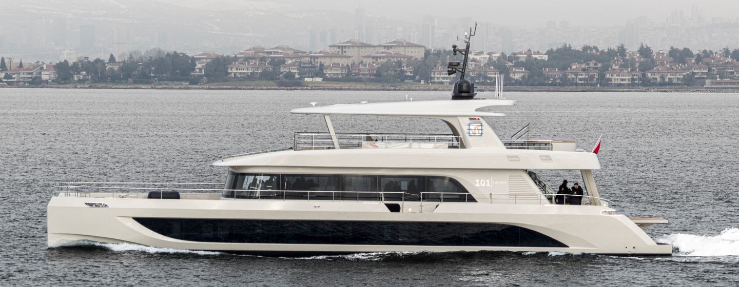 VisionF 101 Catamaran Muzoon under way on sea trials 
