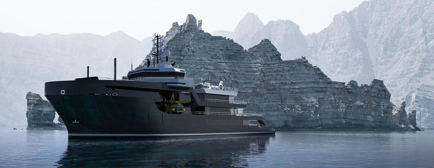 A render of explorer yacht Project MASTER in front of a rocky outcrop