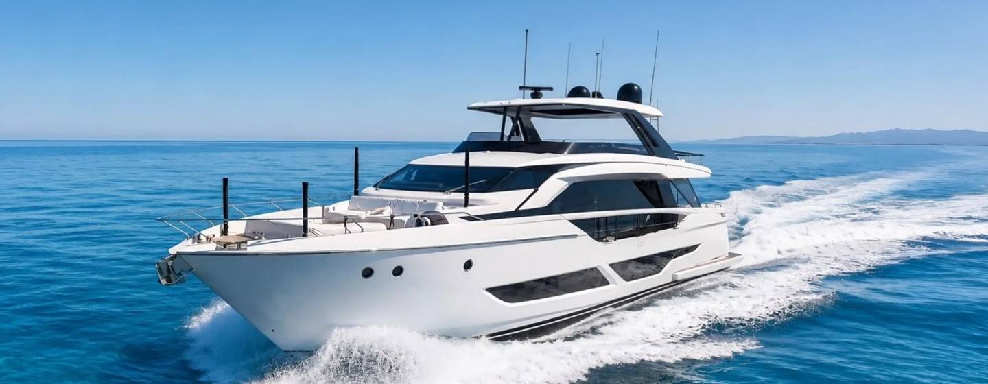 Ferretti motor yacht Lady Aga underway bow view 