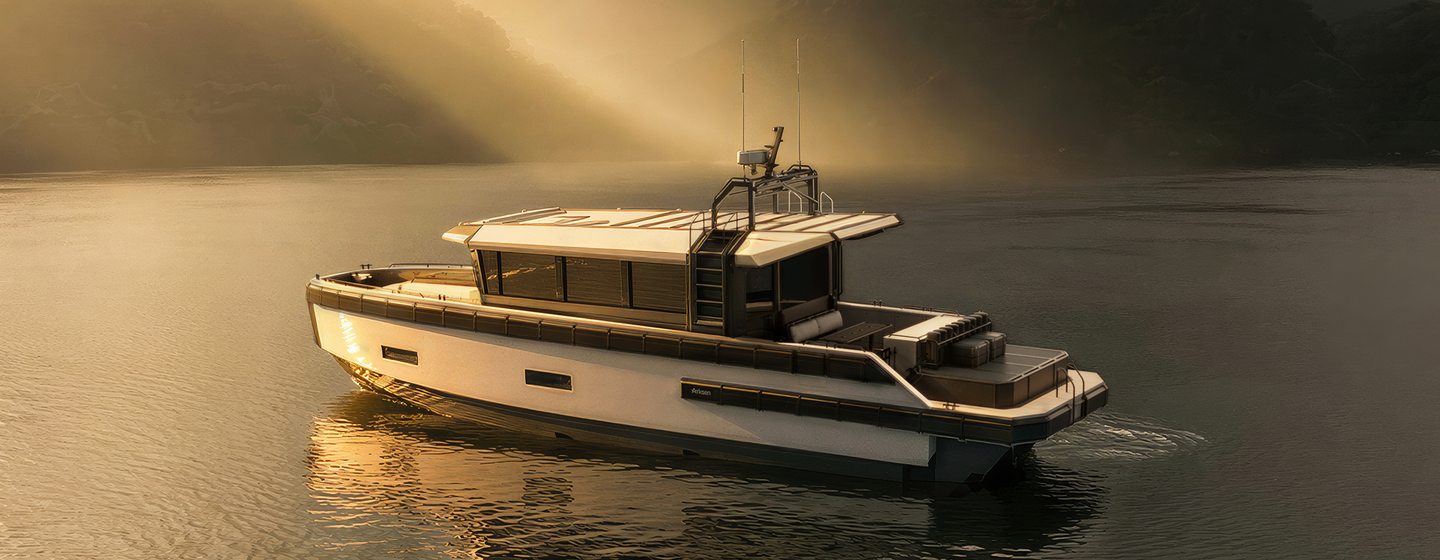 Arksen 55 motor yacht at anchor side view 