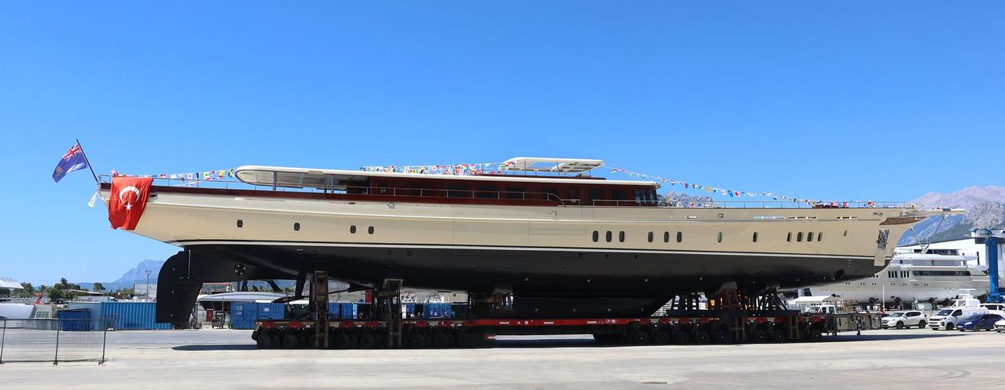 Sailing Yacht Simena on trolley on her way to launch