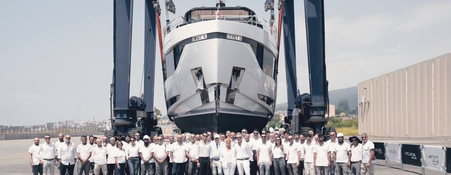 Third Arcadia A80 motor yacht launch with team 