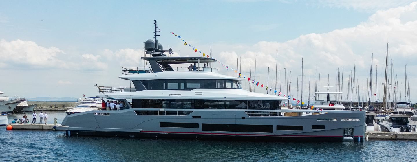 First Sirena 118 yacht at anchor side view 