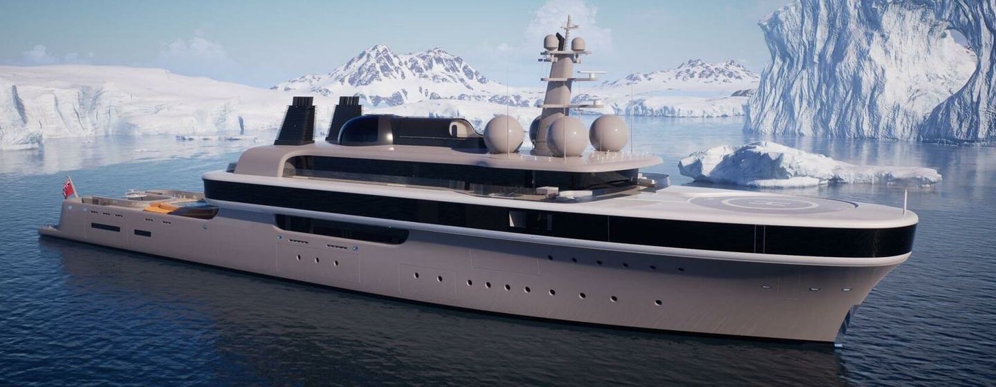 Rendering of Superyacht Project Cosmos in front of snowy mountains 
