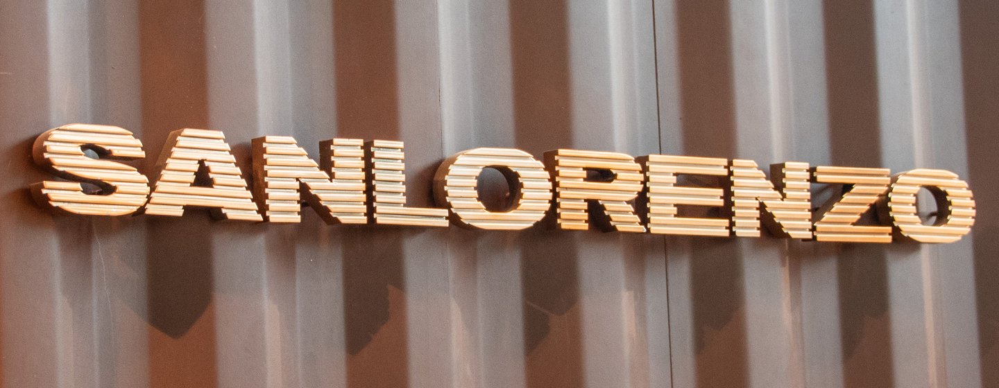 Close up of Sanlorenzo signage at boatshow