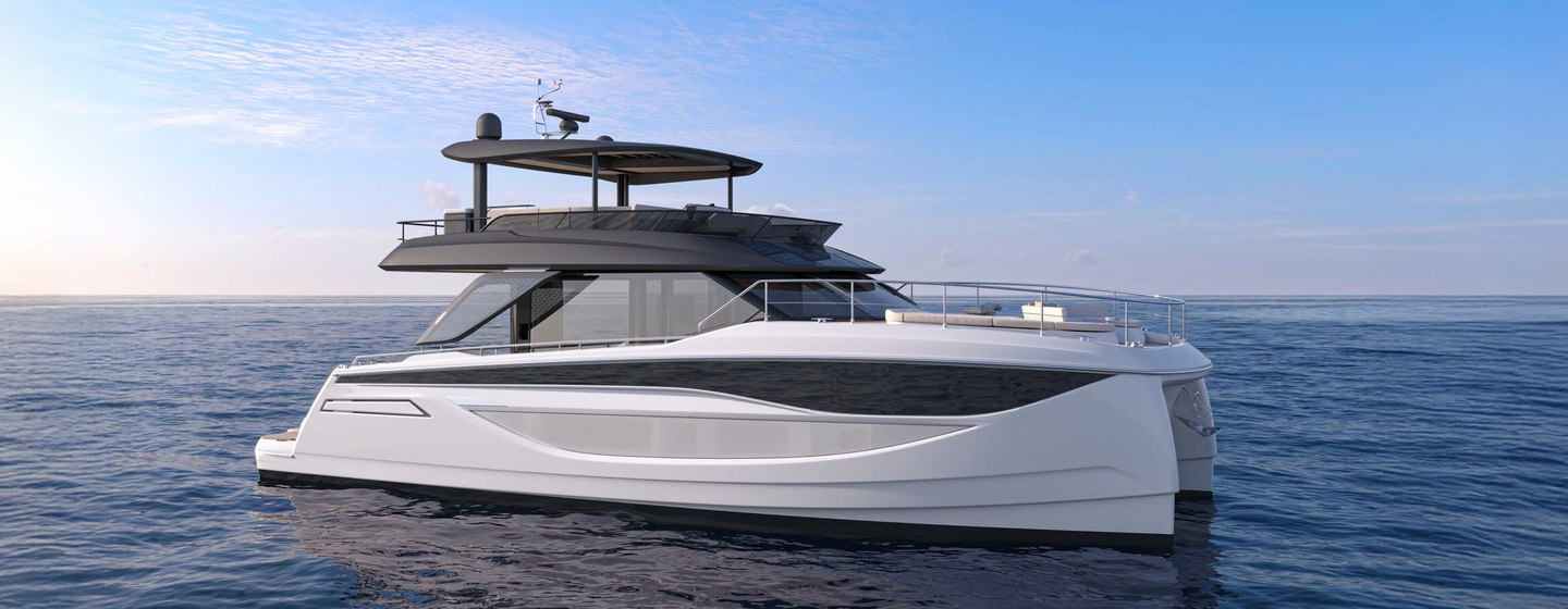 rendering of Prestige M7 Catamaran under way 