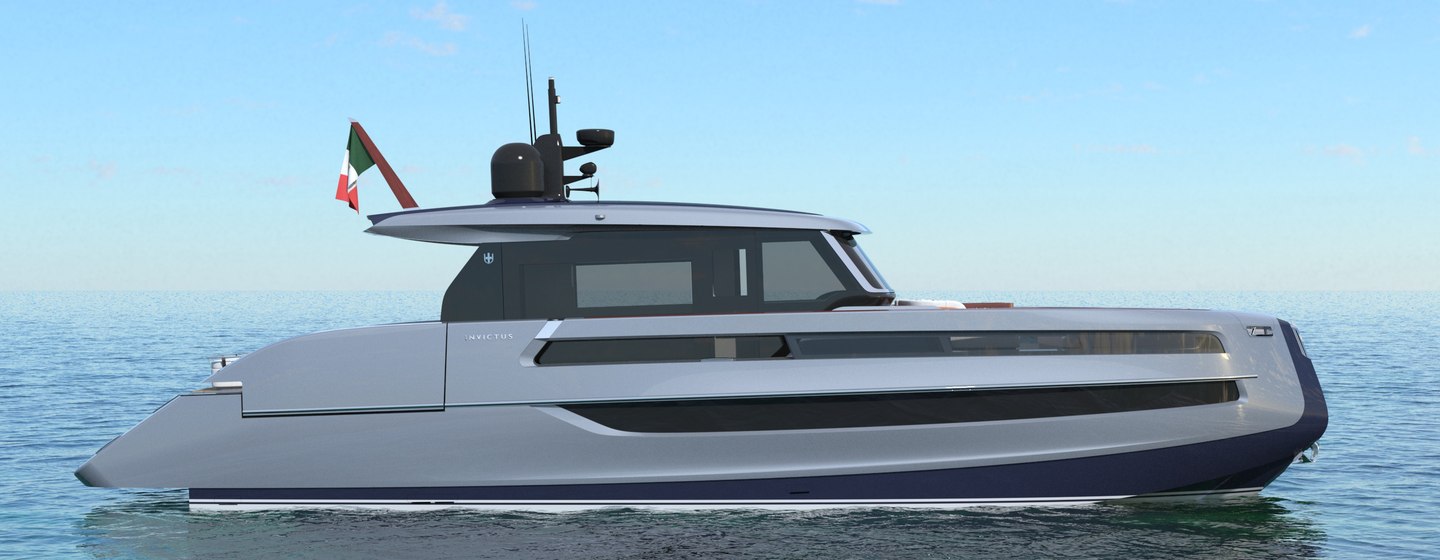 Render of Invictus Yachts ST550 Boat floating in a calm sea