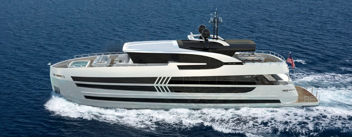 Rendering of Lazzara UHV 100 motor yacht under way 