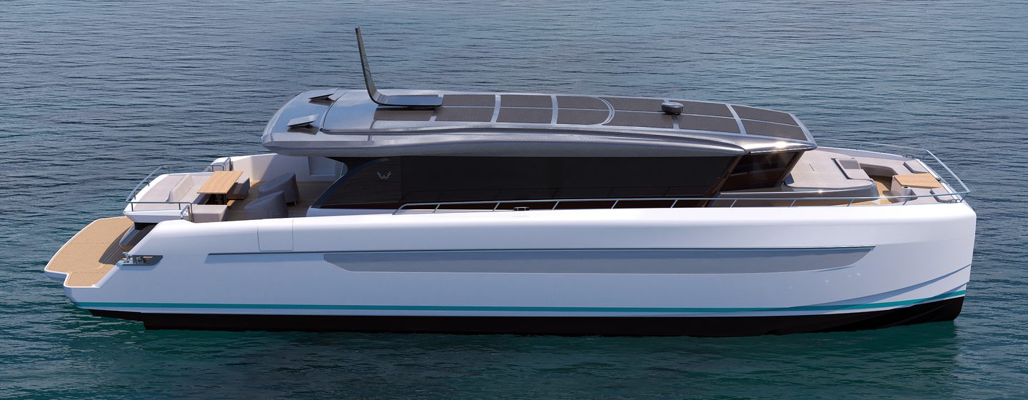 Rendering of Canados Heritage 67 Catamaran at anchor 