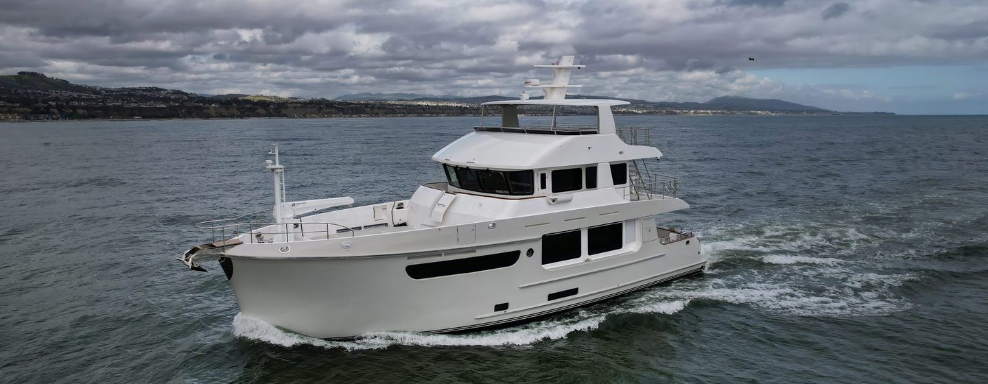 Nordhavn's N71 motor yacht underway side view 