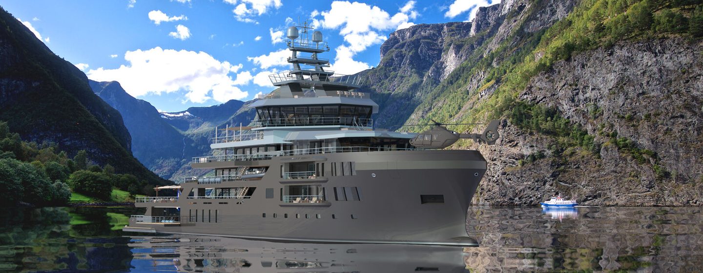 Rendering of expedition yacht Ocean Falcon at anchor in between mountains