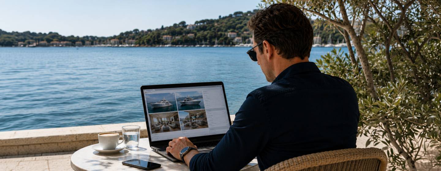 Man sat outside on laptop looking at yacht listing 