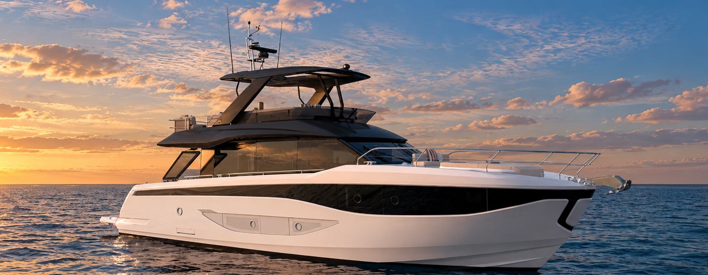 Prestige F6.7 yacht at anchor side view 