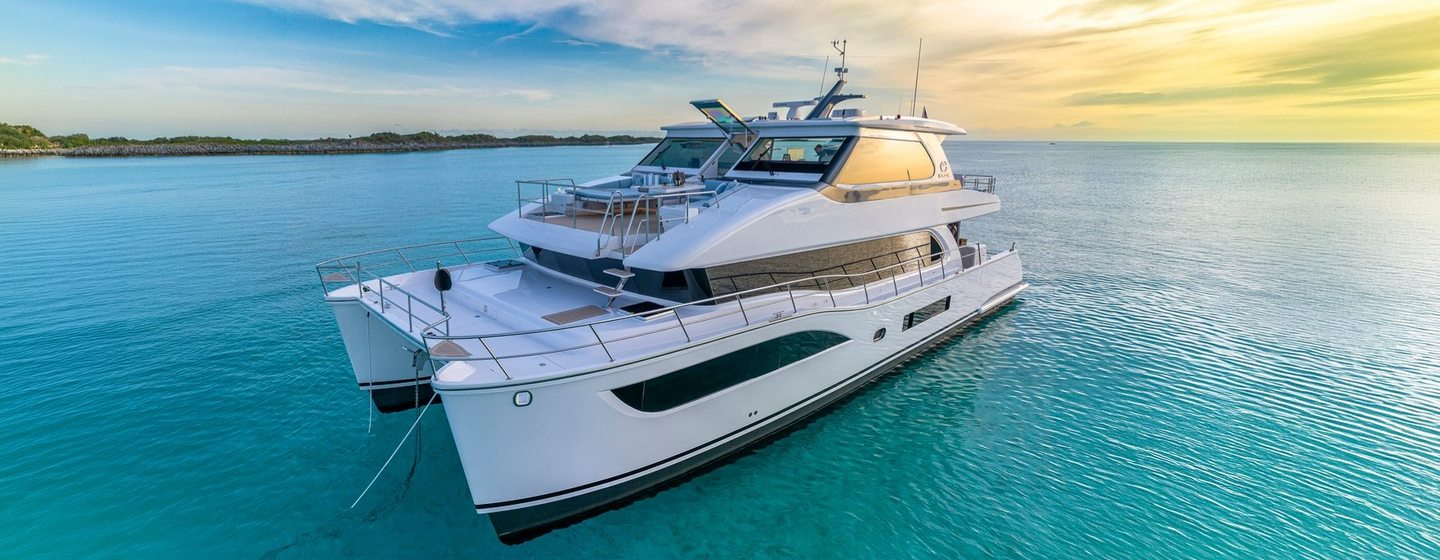 Horizon PC68 catamaran at anchor side view 