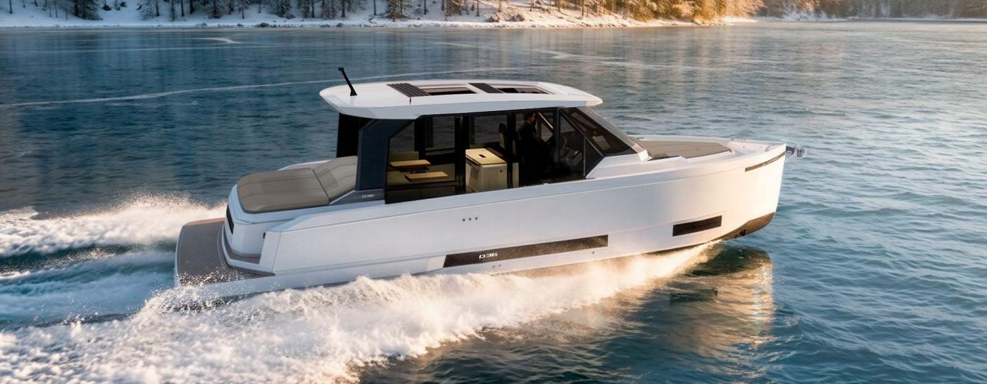 Rendering of De Antonio D36 Cabin Boat under way 