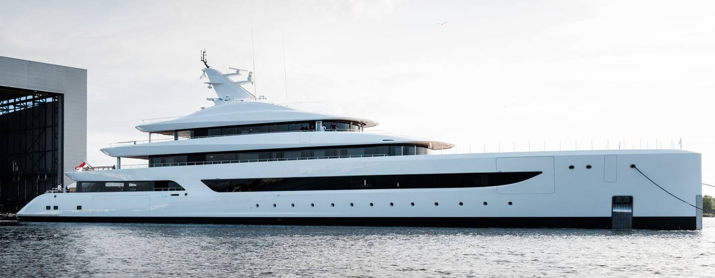 Feadship superyacht Milky Way at anchor side view 