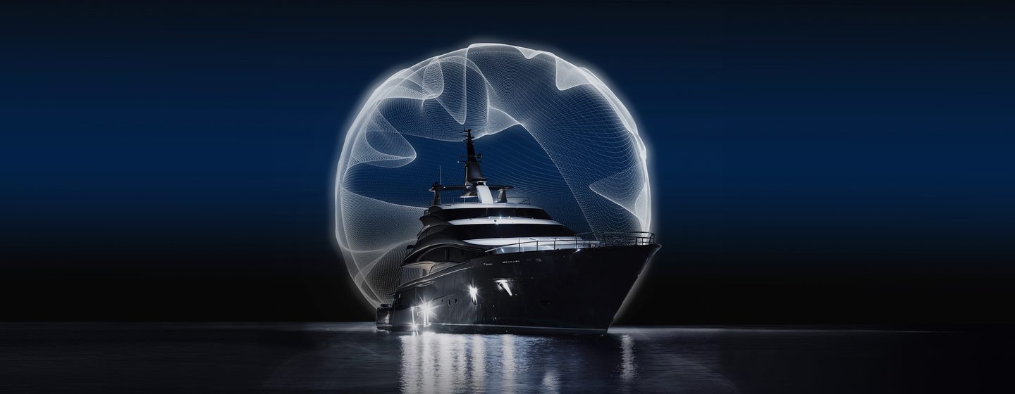 AI image from Videoworks of yacht outline in front of computer generated sphere, very futuristic