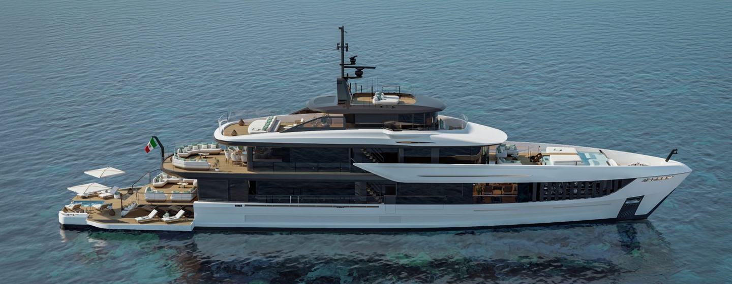 Rendering of Second Mangusta Oceano 52 superyacht at anchor 