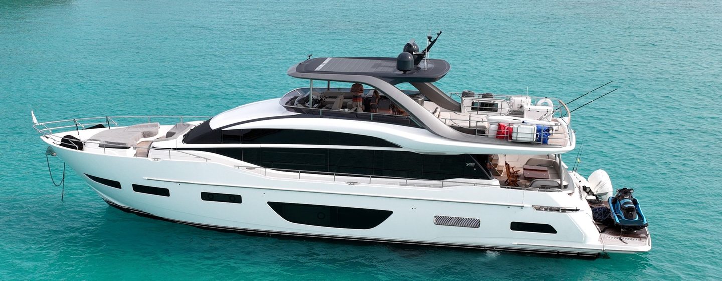 Princess motor yacht Record Year at anchor side view 