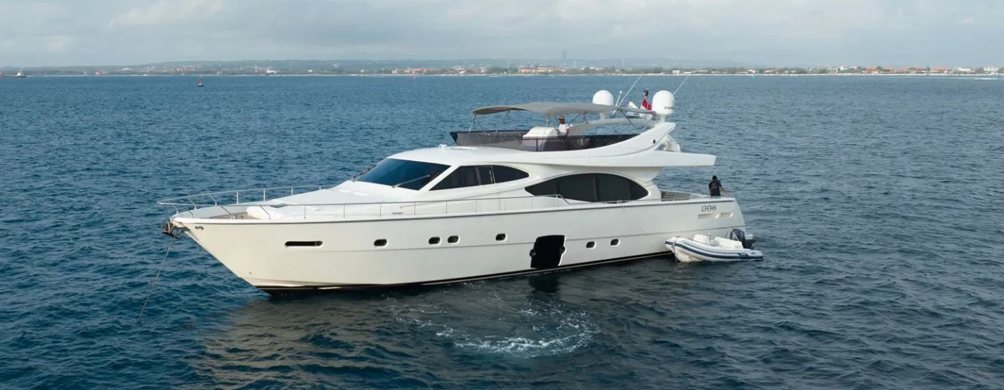 Ferretti motor yacht Samkara at anchor side view 